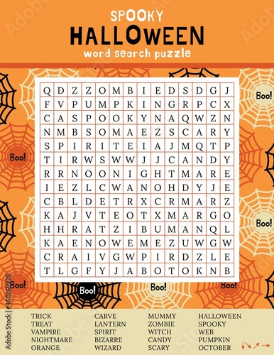Spooky Halloween word search puzzle. October crossword game.  Worksheet for learning English words. Autumn theme. Find 20 hidden words.  Vector illustration with pattern of spiderweb