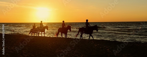 Zachód słońca, morze, konie, plaża