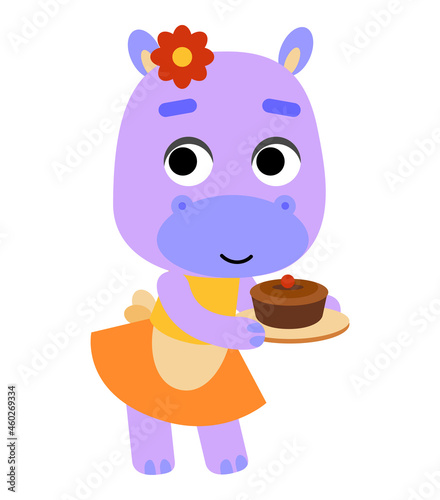 Color illustration for children, cartoon cute character Hippopotamus baker