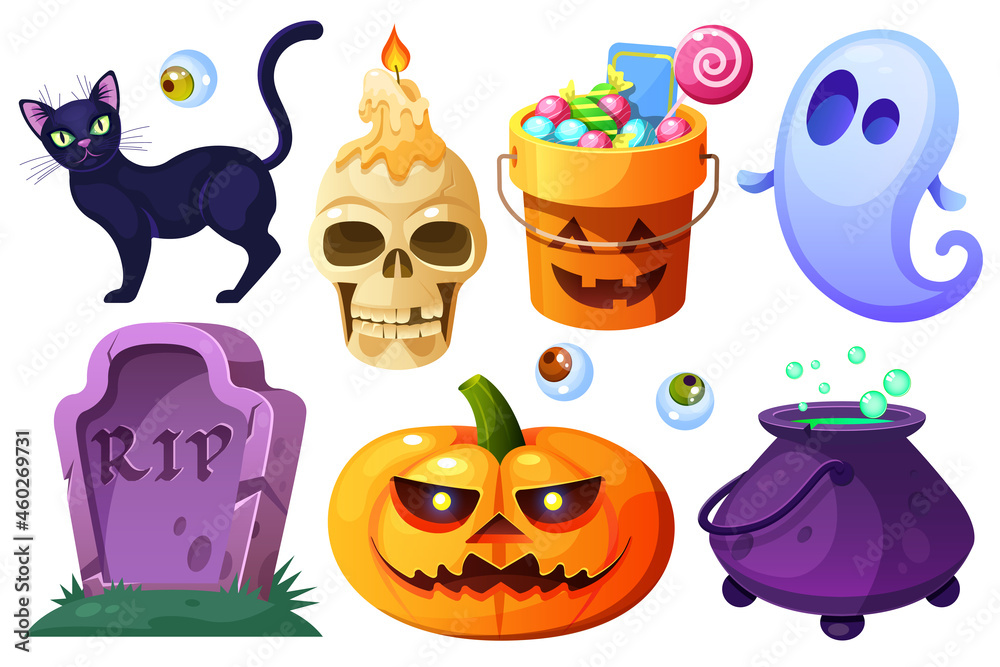 Halloween set with a black cat, cauldron, pumpkin bucket with sweets, ghost, old gravestone, pumpkin lantern, eyes,a skull with a candle. Vector cartoon isolated on white background Halloween set with a black cat, cauldron, pumpkin bucket with sweets, ghost, old gravestone, pumpkin lantern, eyes,a skull with a candle. Vector cartoon isolated on white background