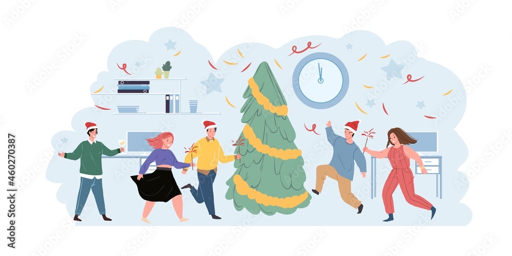 Fototapeta premium Diverse office people character celebrating Christmas and Happy New Year winter holidays dancing around decorated xmas fir tree vector