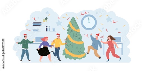 Diverse office people character celebrating Christmas and Happy New Year winter holidays dancing around decorated xmas fir tree vector