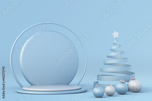 Christmas festive blue winter 3d composition. Realistic stage, podium, Xmas studio. Minimal festive New Year background with abstract Christmas tree and balls. Holiday template. Banner and poster.