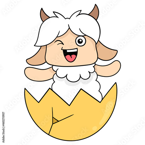 sheep born out of an egg shell, doodle icon image kawaii