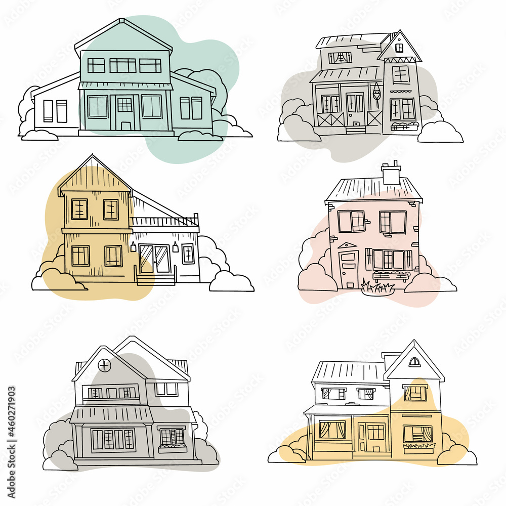 Hand drawn cottage houses in cute cartoon style. Colorful modern townhouse building sketch. Old houses, City buildings, Doodle decorative elements collection. Creative vector illustration.

