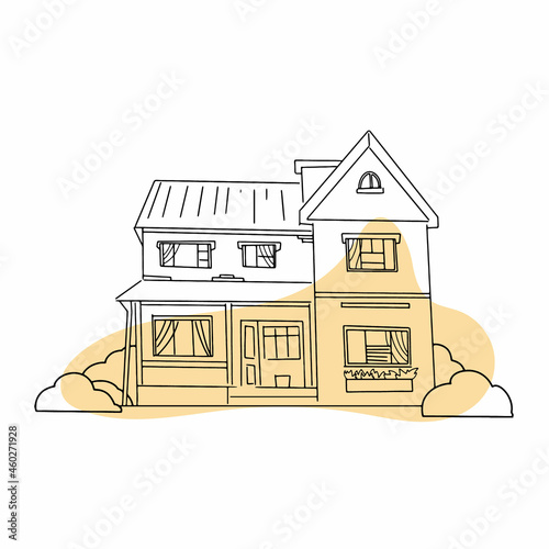 Hand drawn cottage houses in cute cartoon style. Colorful modern townhouse building sketch. Old houses, City buildings, Doodle decorative elements collection. Creative vector illustration.

