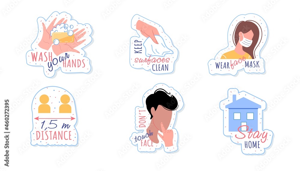 Coronavirus disease prevention hygiene sticker design elements set with wash your hands, keep surface clean, wear face mask, distancing, no touch face, stay home promotion phrase