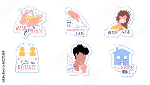 Coronavirus disease prevention hygiene sticker design elements set with wash your hands, keep surface clean, wear face mask, distancing, no touch face, stay home promotion phrase photo