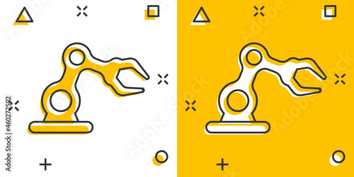 Robot arm icon in comic style. Mechanic manipulator cartoon vector illustration on white isolated background. Machine splash effect business concept.