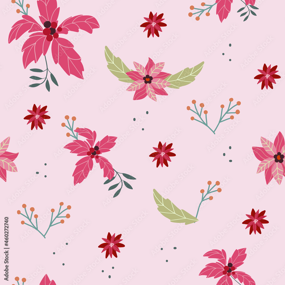 Christmas seamless pattern with elements of winter flowers, poinsettia, pink background.