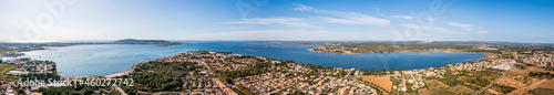 Aerial panorama of Sète and Thau Basin from Balaruc in Occitanie, France