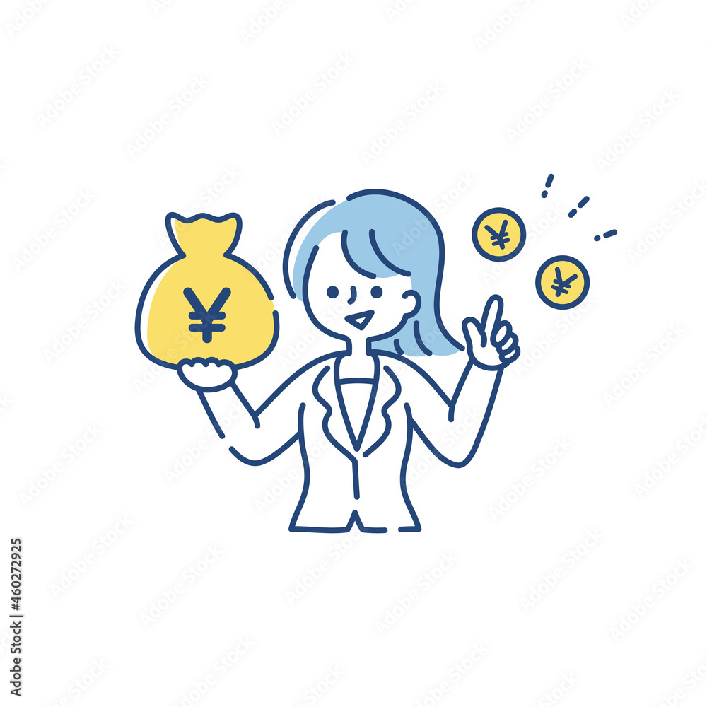 お金がたくさん入った袋を持つ女性のイラスト(日本円) お金がたくさん入った袋を持つ女性のイラスト(日本円)