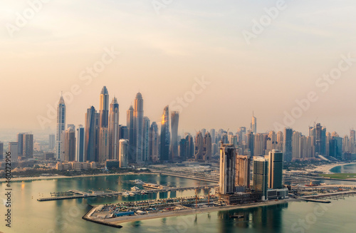 Dubai  UAE - 09.24.2021 Dubai city skyline on early morning hour. Dubai Marina. Urban