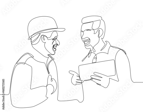 workers talking and laughing at a factory. Vector illustration