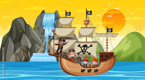 Ocean with Pirate ship at sunset scene in cartoon style © brgfx