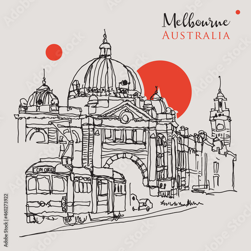 Obraz na płótnie Drawing sketch illustration of Flinder Street Central Station in Melbourne, Australia w salonie