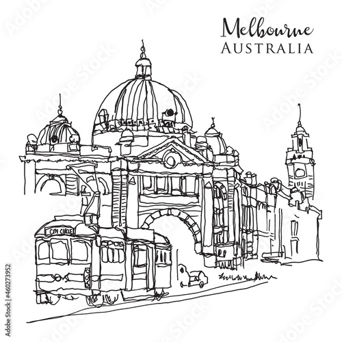Drawing sketch illustration of Flinder Street Central Station in Melbourne, Australia photo