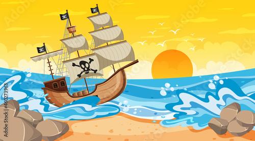 Beach scene at sunset time with Pirate ship in cartoon style