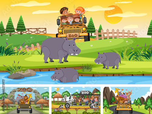 Set of different scenes with pirate ship at the sea and animals in the zoo