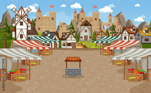 Medieval town scene with market place