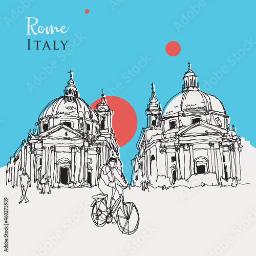Canvas Print Drawing sketch illustration of the Twin Churches in Rome, Italy