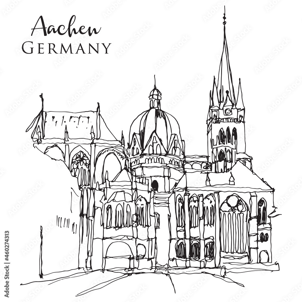 Drawing sketch illustration of the Imperial Cathedral in Aachen, Germany
