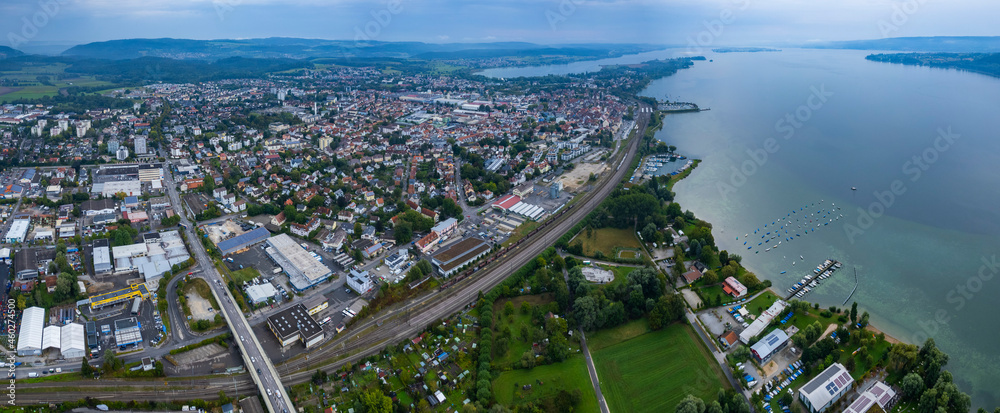 Aerial view of the city Radolfzell in Germany on a cloudy day in summer.