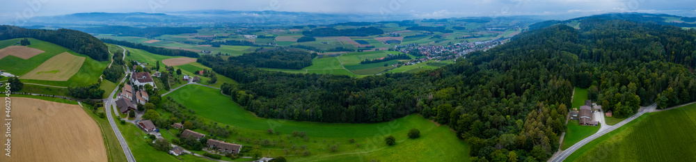 Aerial view around the city Frauenfeld in Switzerland on a overcast day in summer.
