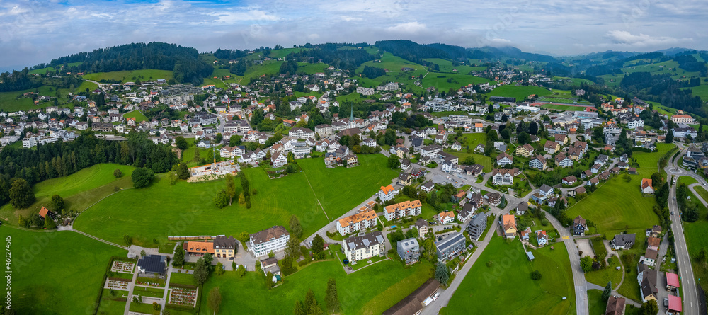Aerial view around the city Teufen in Switzerland on a overcast day in summer.