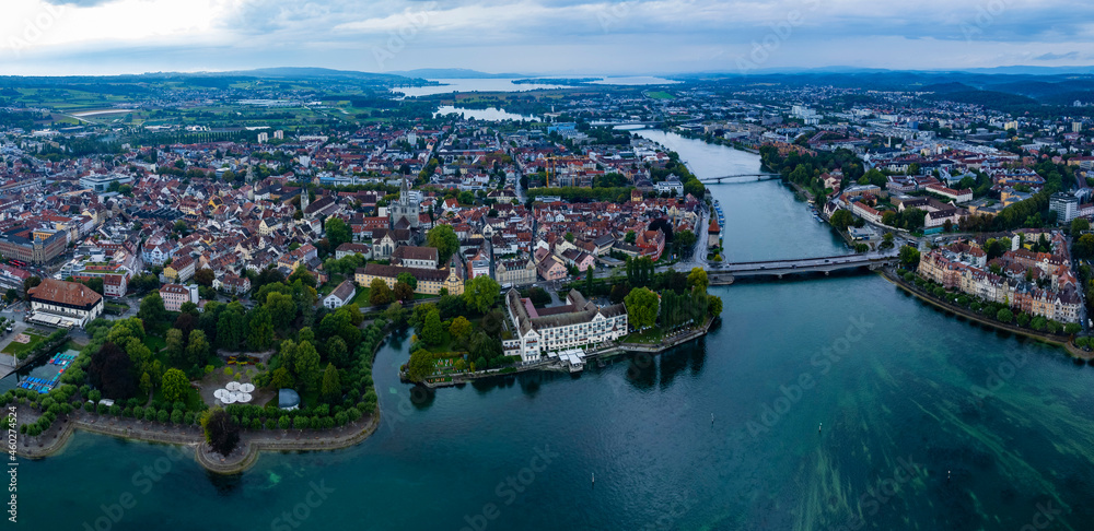 Fototapeta premium Aerial view of the city constance beside the lake Bodensee on a rainy day in summer.