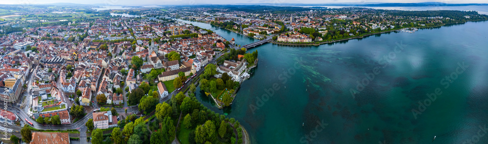 Aerial view of the city constance beside the lake Bodensee on a rainy day in summer.