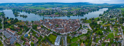 Aerial view of the city Stein am Rhein in switzerland on a cloudy day in summer.