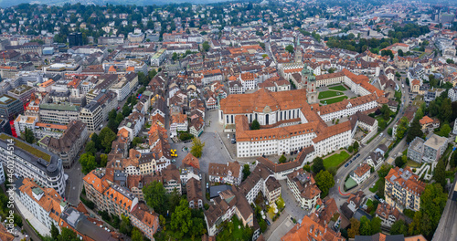 Aerial view of the city St. Gallen in Switzerland on a overcast day in summer.
