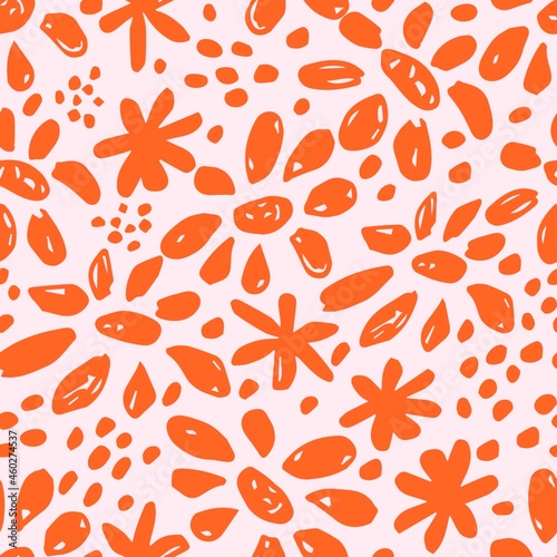 Simple floral vector seamless pattern. Bright orange flowers, dots on a light pink background. For prints of fabric, textile products, clothing, stationery.