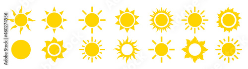 Sun sunshine set vector icons. Flat modern shining symbols collection. Shine sun ray logo or sing. Solar summer icon isolated. Vector illustration.
