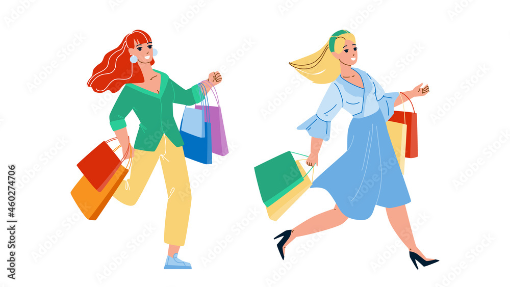Women Running On Sale Shopping Together Vector. Happy Girls Shoppers With Bag Run On Seasonal Sale Shopping And Buying. Characters Ladies Customers Consumerism Flat Cartoon Illustration