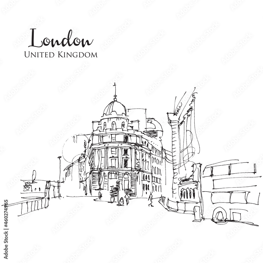 Drawing sketch illustration of Cornhill Lombard in London, UK