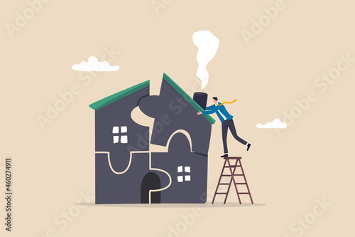 Plan to buying new house or renovation, mortgage loan or housing expense, property maintenance or real estate insurance concept, smart businessman put jigsaw to complete or finishing house puzzle.