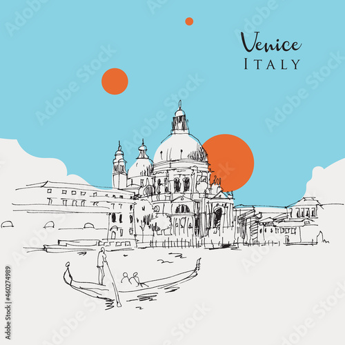 Drawing sketch illustration of Santa Maria della Salute Church in Venice, Italy