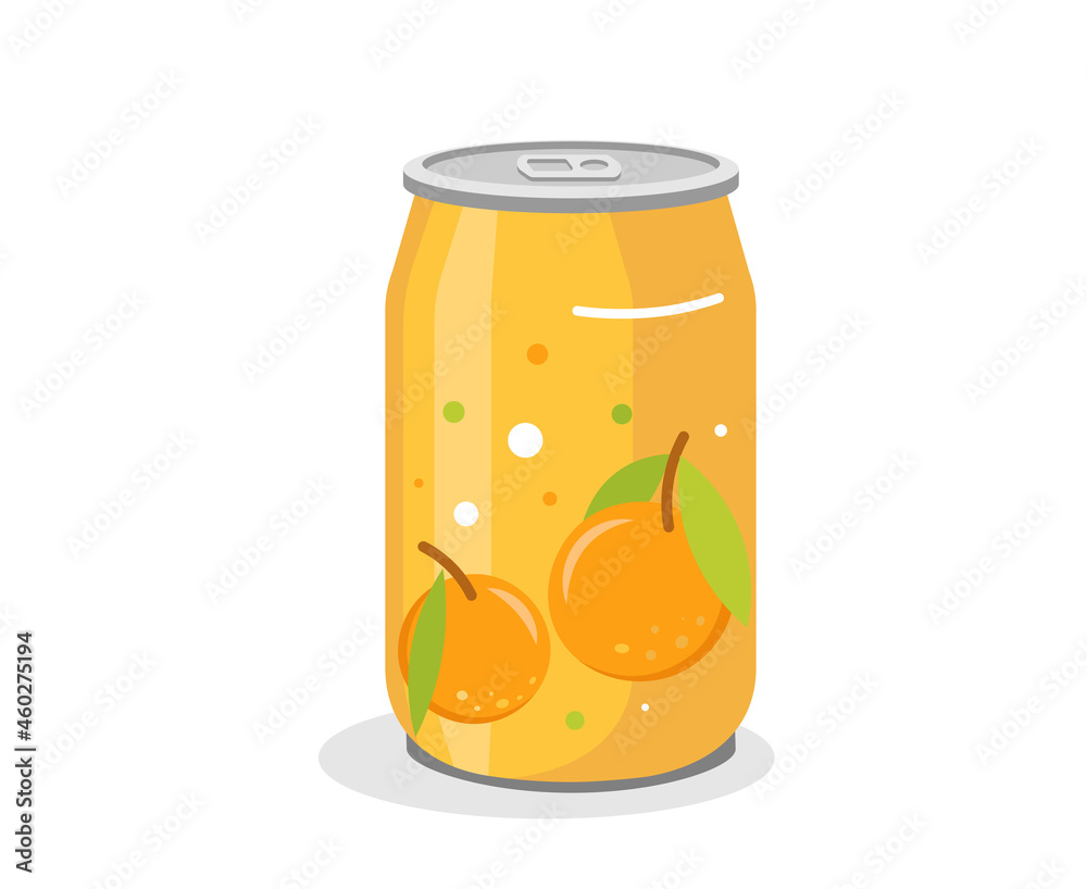 Soft drink Cartoon pink can. Vector illustration of soda drink aluminum can with juicy oranges fruits and colorful dots on the label. Isolated, eps 10