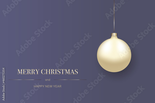 Merry Christmas and Happy New Year, minimalistic greeting card. Very peri color background with hanging Christmas balls 