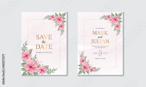 Watercolor floral wedding invitation card with hibiscus flower and green leaves, modern vector illustration.