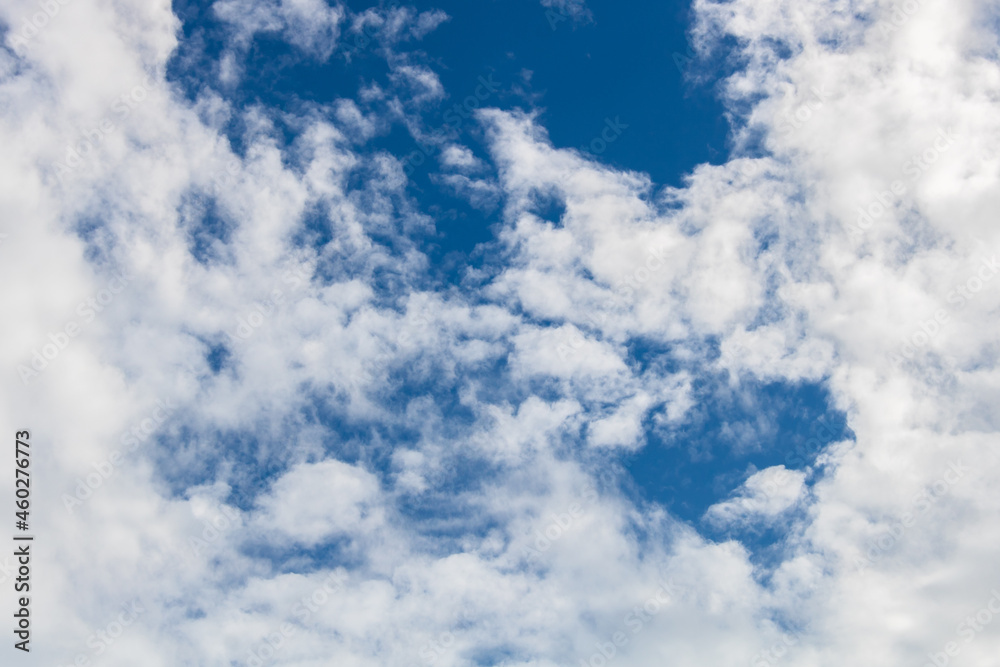 Fluffy white clouds framing the picture in the vibrant blue sky. View from below Fluffy white clouds framing the picture in the vibrant blue sky. View from below