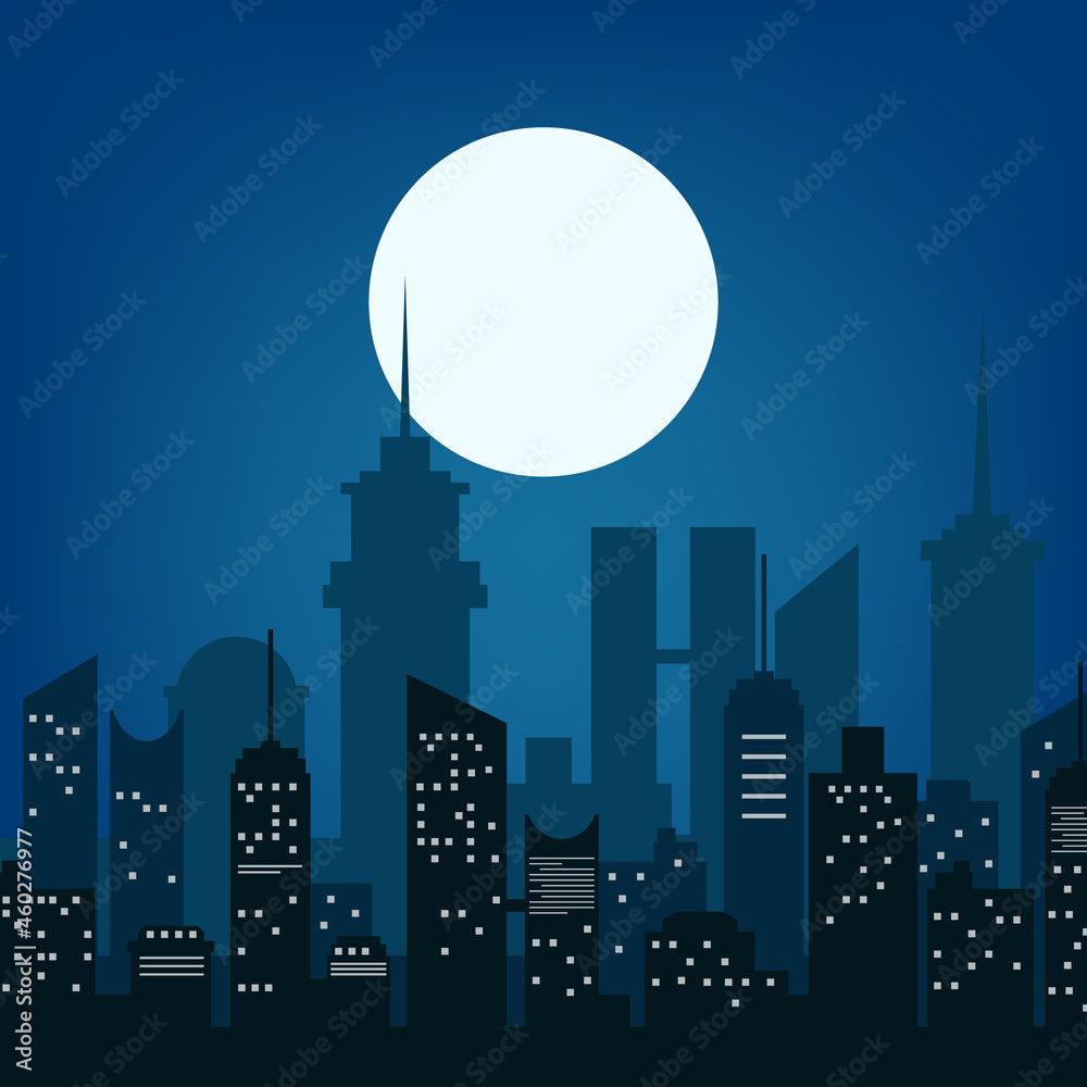 Vector City Night and Moon On Dark Background, Illustration