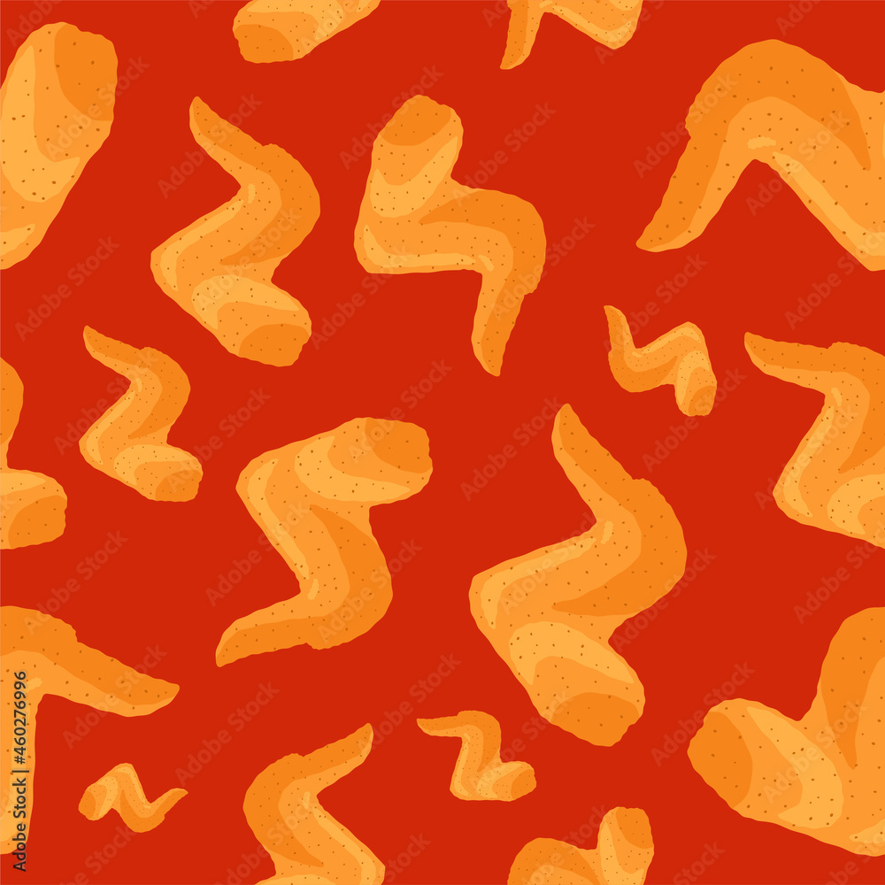Fried crispy chicken wings seamless pattern on red background. Cartoon roasted fast food vector eps illustration