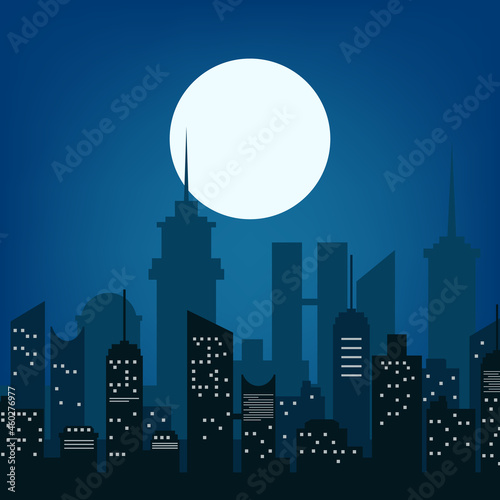 Vector City Night and Moon On Dark Background, Illustration