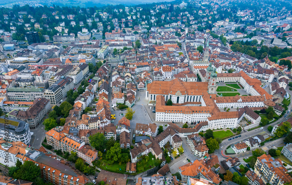 Aerial view of the old town St. Gallen in Switzerland on a overcast day in summer.	