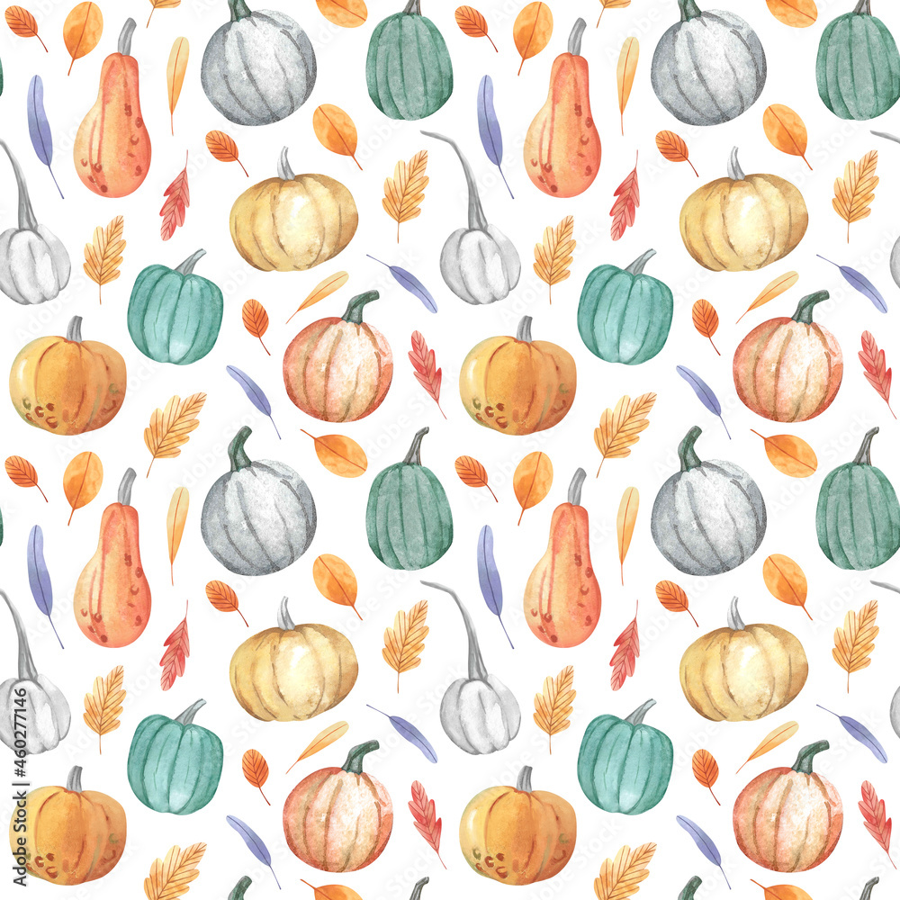 Colourful pumpkins and leaves, seasonal autumn seamless pattern. Hand painted watercolor illustration Colourful pumpkins and leaves, seasonal autumn seamless pattern. Hand painted watercolor illustration