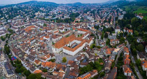 Aerial view of the old town St. Gallen in Switzerland on a overcast day in summer. 