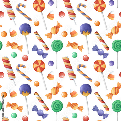 Halloween candy seamless pattern. Many types spooky dessert. Colorful treats background